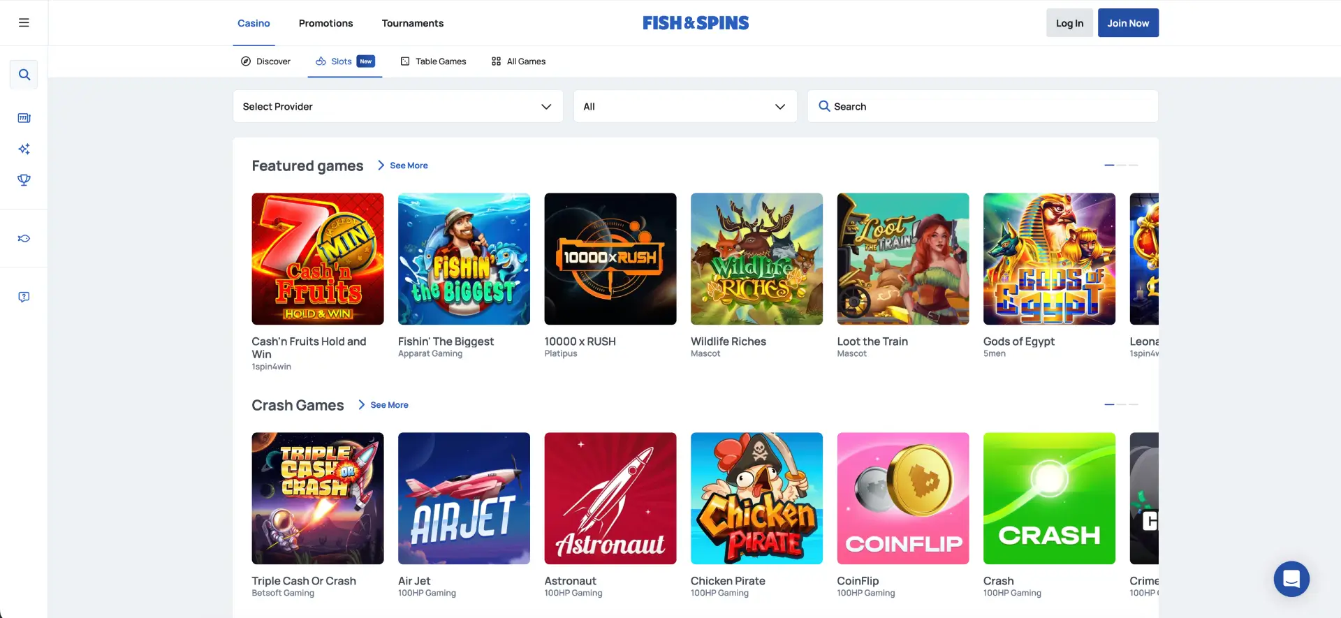 Fish and Spins casino lobby with slots categories and promotional panels
