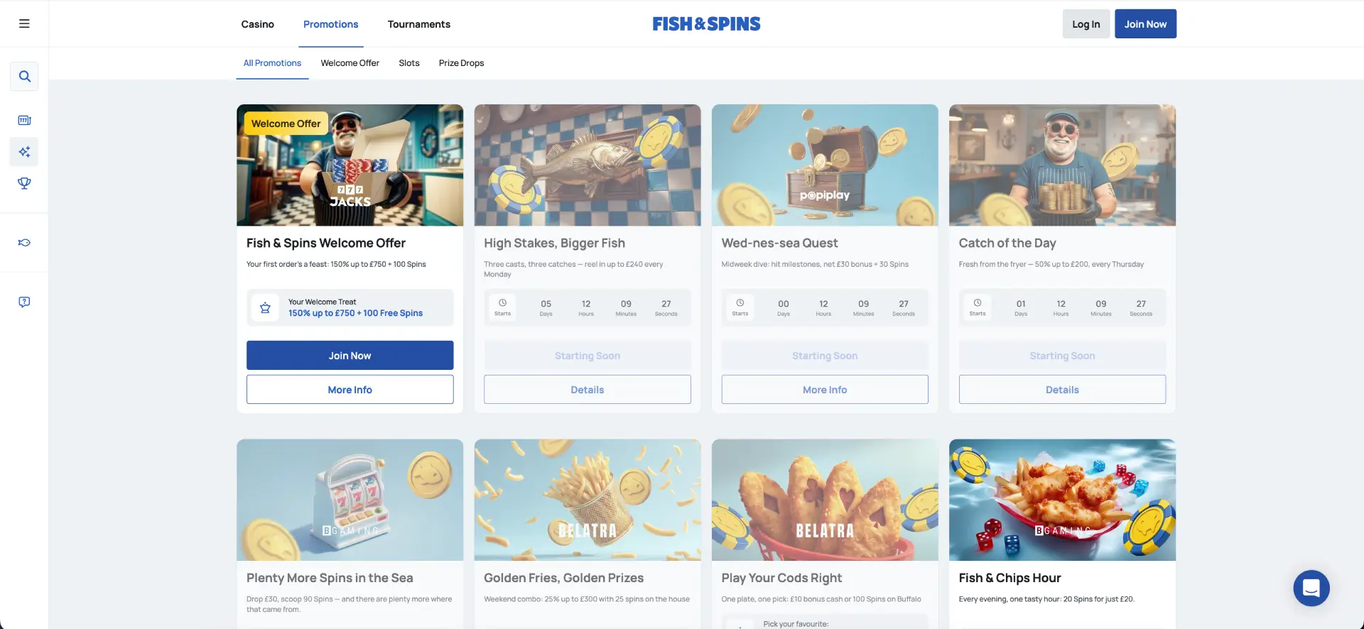 Fish and Spins casino bonus page with welcome offer and free spins