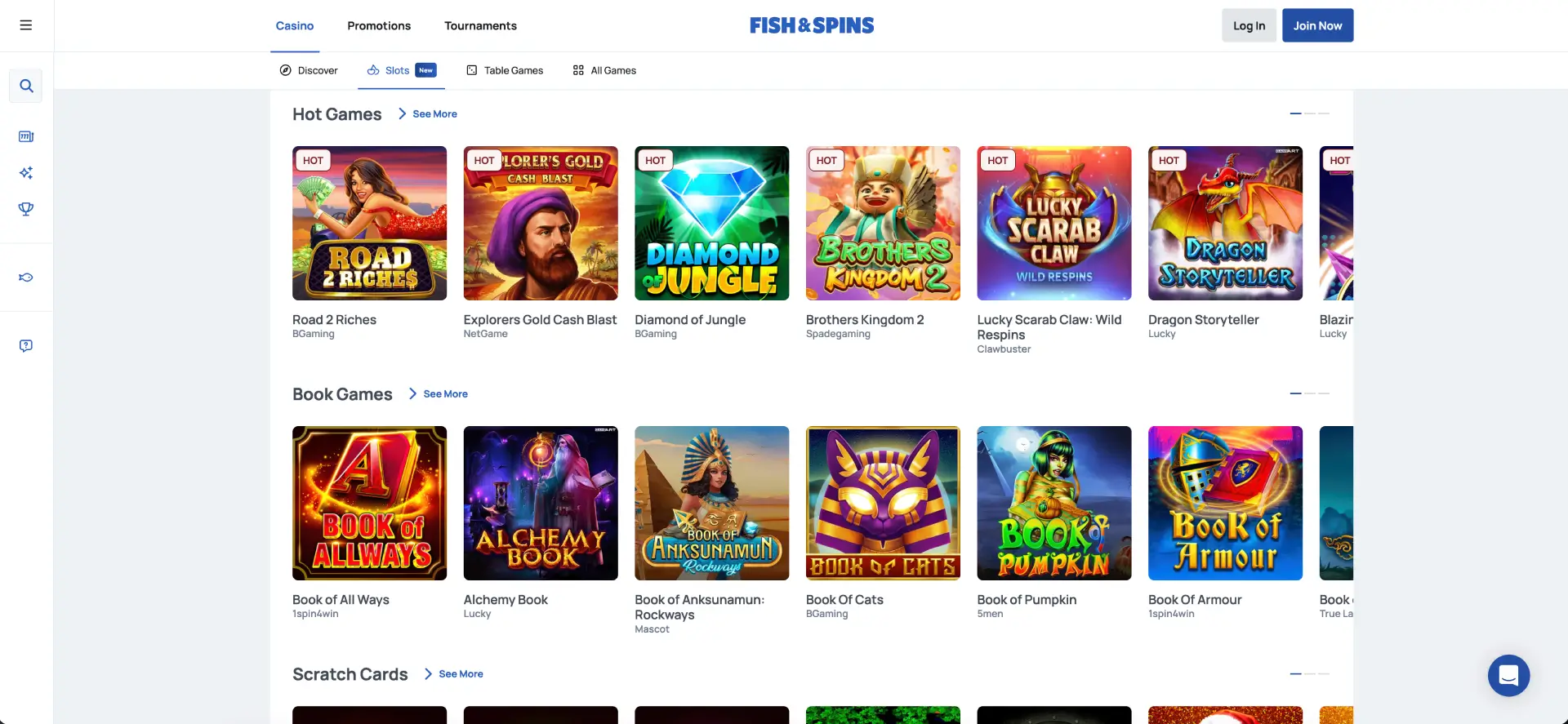 Fish and Spins slots lobby with slot tiles and game categories